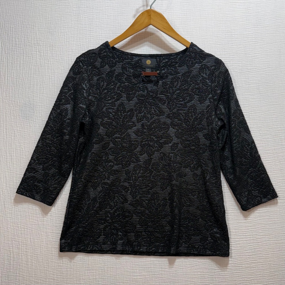 JM Collection Top Womens PS Black Gold Metallic Floral Jacquard Bar Neck Elegant